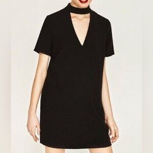 Zara | Black Choker Shift Dress V Neck Women’s Large